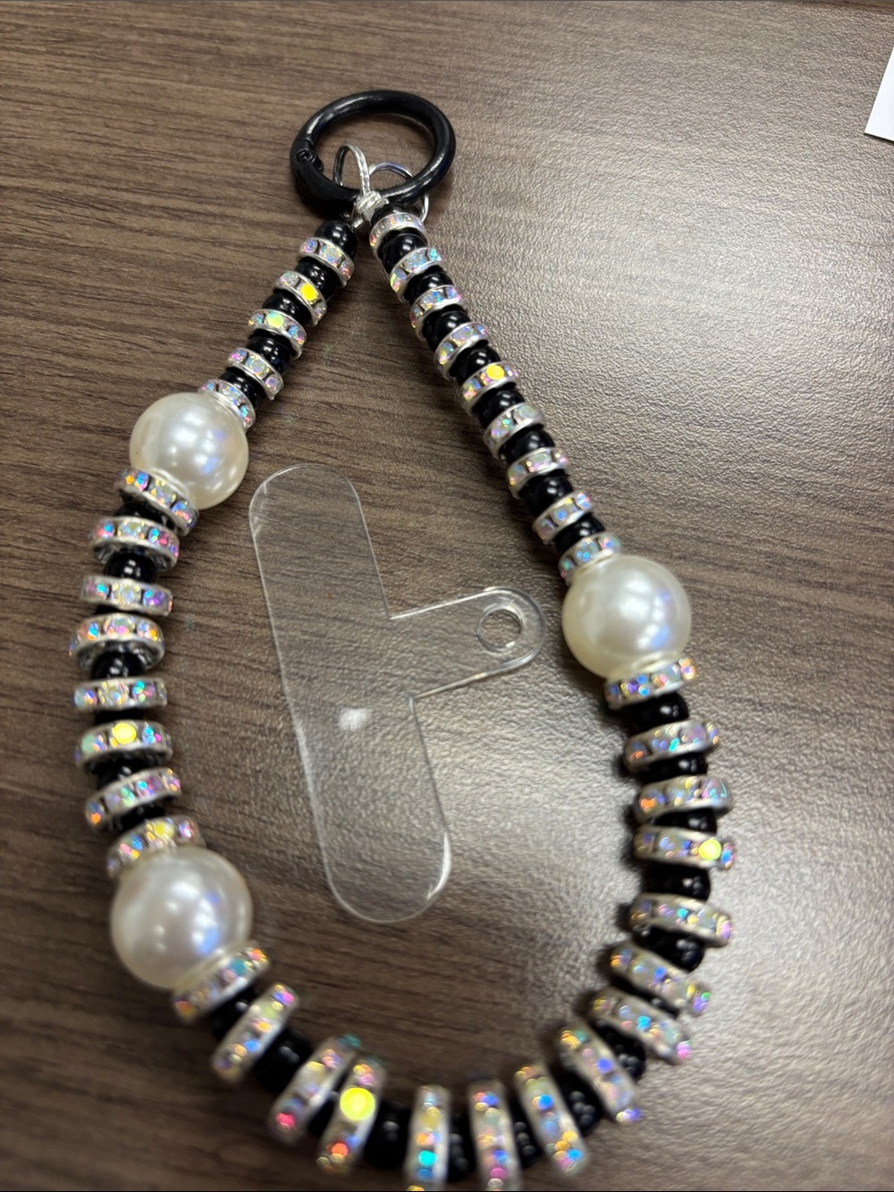 DD Designs  Pearl & Iridescent Black & Silver Beaded Phone Strap.